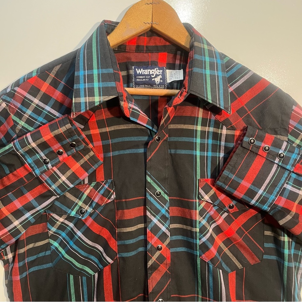 VTG Wrangler Shirt Men 15 1/2 X 34 Western Pearl Snap Cowboy Plaid Rodeo USA